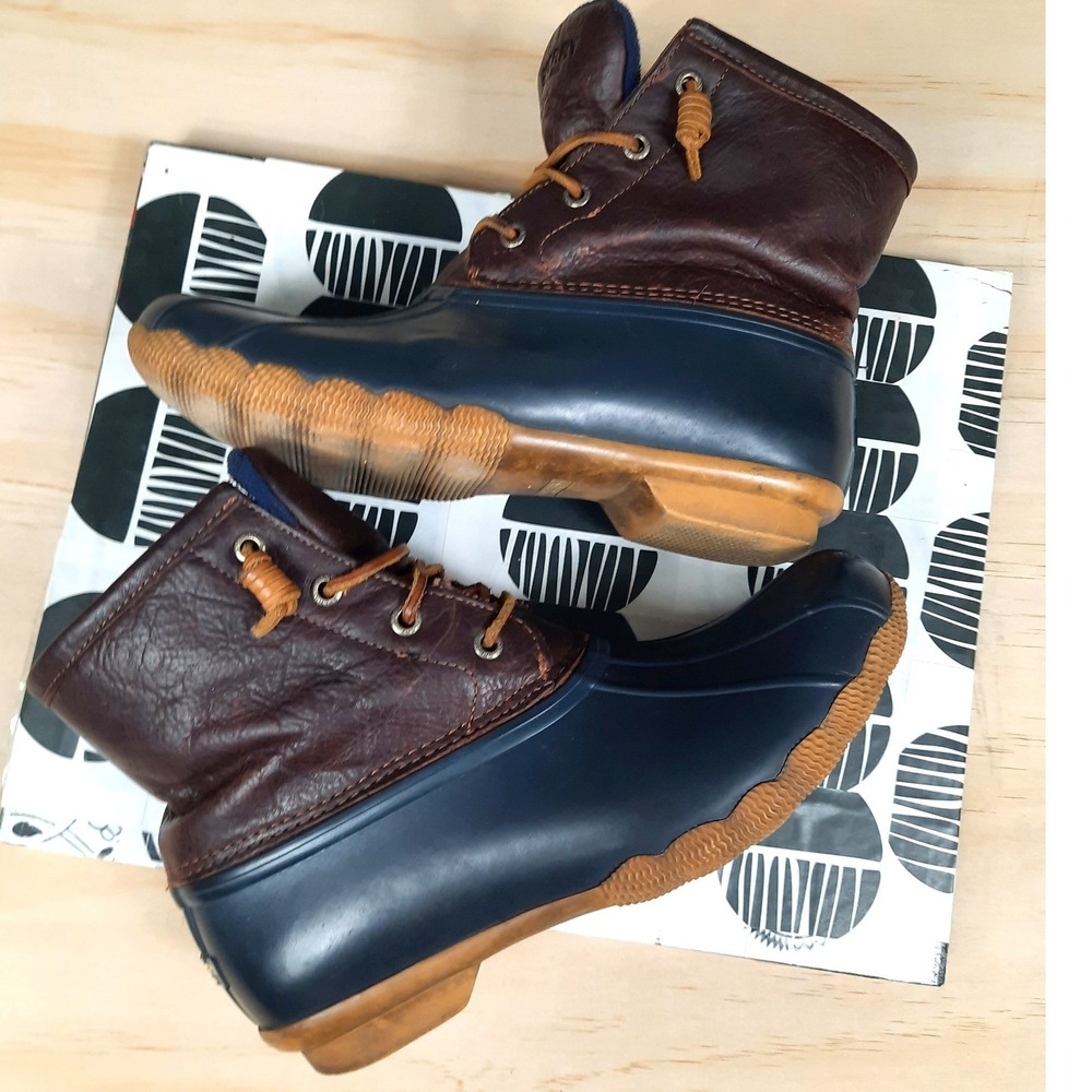 Sperry Saltwater Duck Boots Womens 7.5 Brown Navy‎ Blue Leather